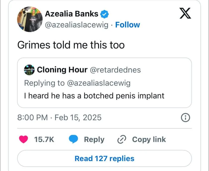 A screenshot of a Twitter/X post by Azealia Banks replying to a tweet from 'Cloning Hour' that says 'I heard he has a…