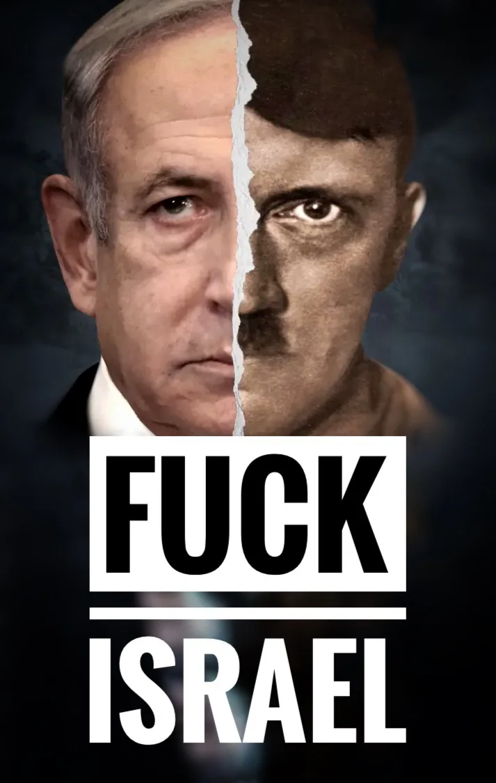 The image shows a split-face portrait: the left side is Benjamin Netanyahu, and the right side is Adolf Hitler, separated by…