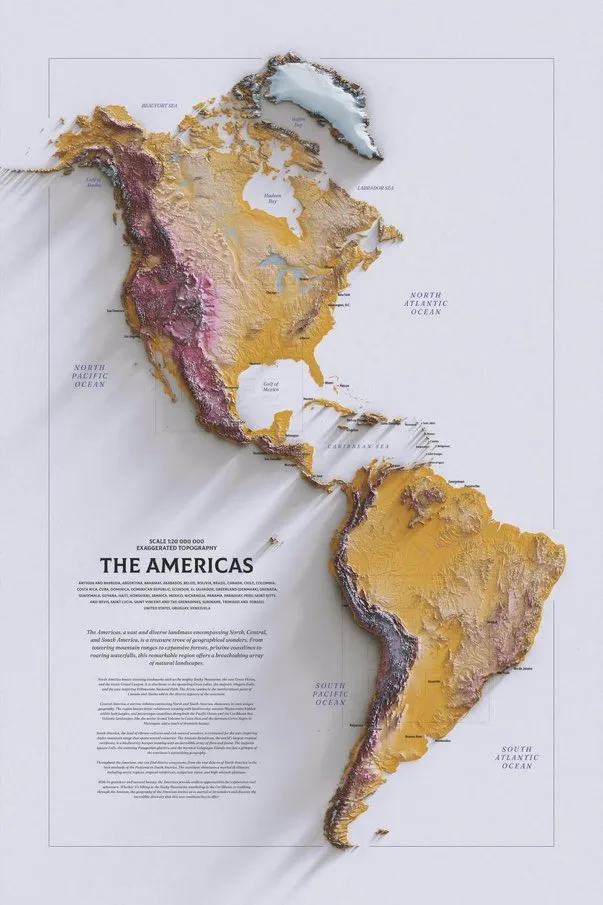 A topographical map of the Americas with exaggerated terrain relief, showing North and South America in textured gold with…