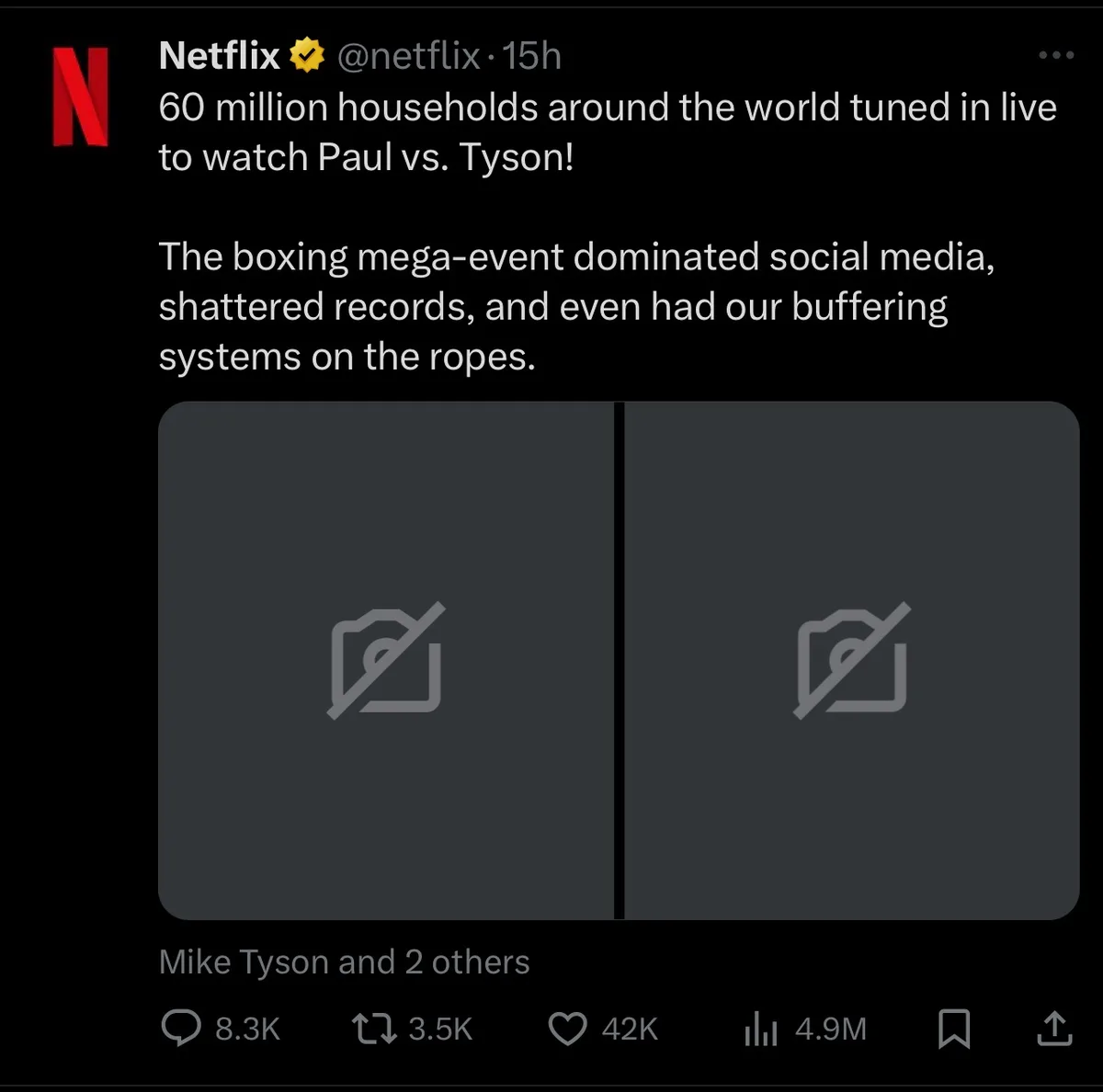 A screenshot of a Netflix tweet announcing 60 million households watched 'Paul vs. Tyson,' noting the event dominated social…