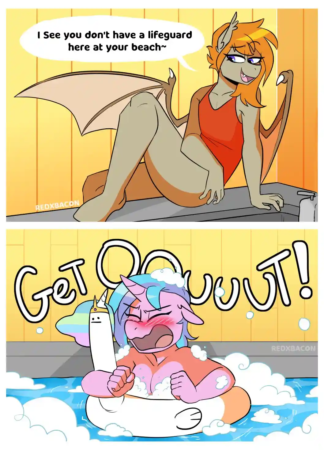 The top panel shows a dragon woman in a red swimsuit lounging on a pool ledge, saying 'I See you don't have a lifeguard here…