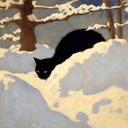 A black cat with glowing yellow eyes peeks over a snowdrift in a snowy forest, with snow-covered branches above. The text…