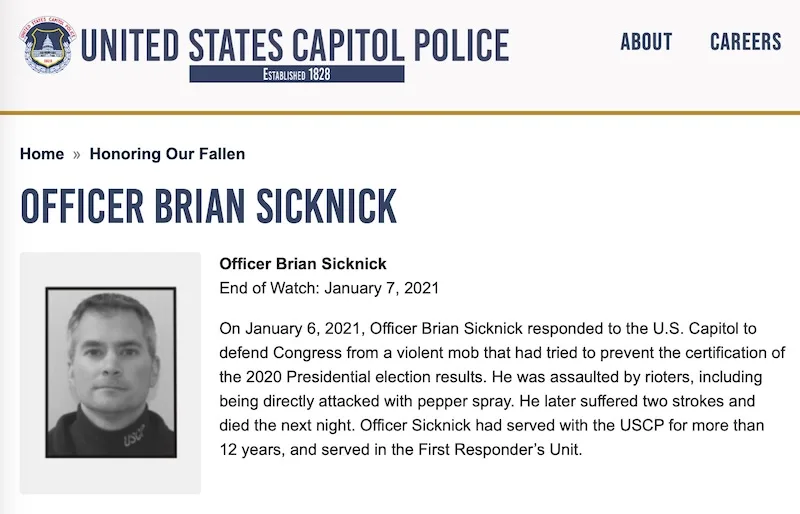 A screenshot of the United States Capitol Police website honoring Officer Brian Sicknick, showing his official portrait…