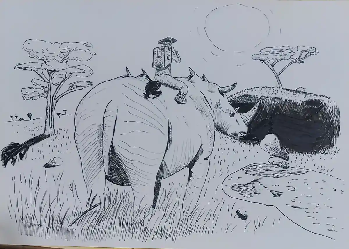 A black-and-white sketch depicts a rhinoceros walking through an African savanna with acacia trees and a watering hole. A…