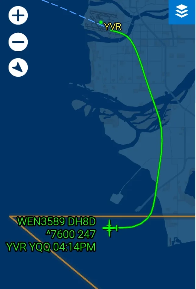 A flight tracking map shows a green line tracing an airplane's path from YVR airport, curving sharply downward toward a…