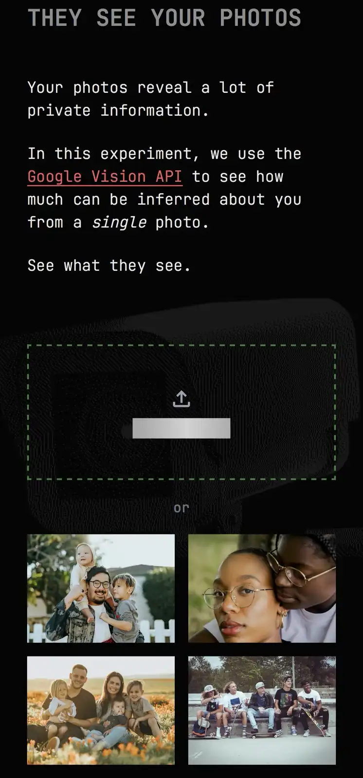 A dark-themed interface with white text explaining an experiment using the Google Vision API to infer private information…