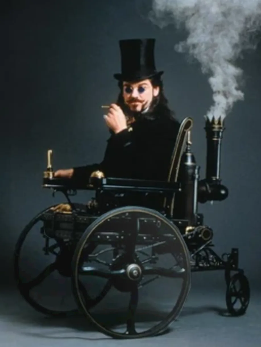 A man with long dark hair, a mustache, and a black top hat sits in a wheelchair that has been modified with steam engine…