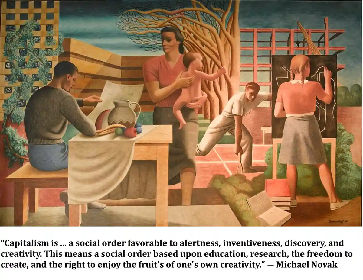 The image is a painting depicting four people engaged in various activities: a man reading a newspaper at a table, a woman…