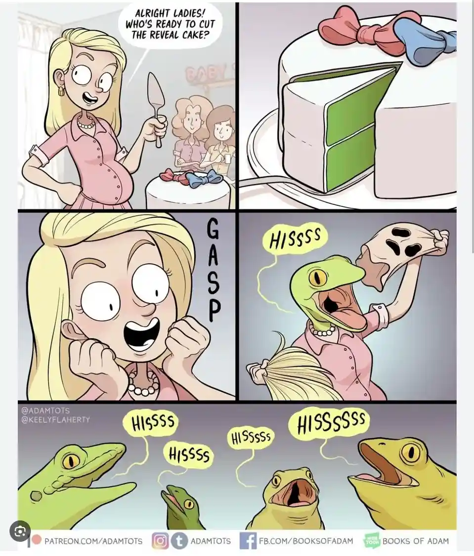 A four-panel comic shows a pregnant woman excitedly preparing to cut a baby reveal cake with pink and blue bows. After…
