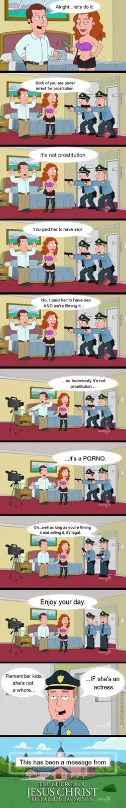 A six-panel comic strip from 'Family Guy' shows a man and woman in bed preparing for sex, then being arrested by police who…