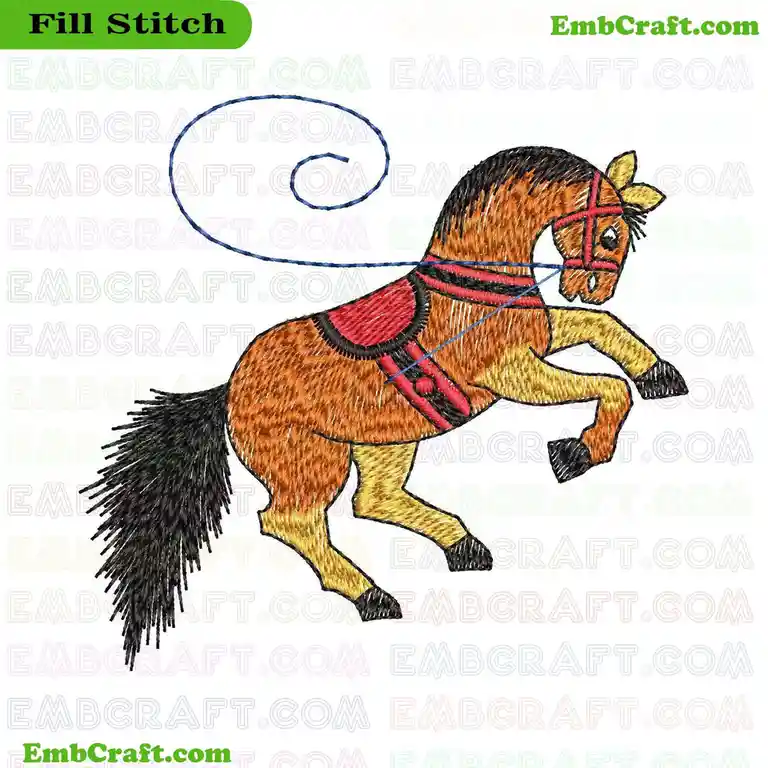 An embroidered design of a brown horse with a red saddle and bridle, depicted in a prancing pose, has a blue thread looped…