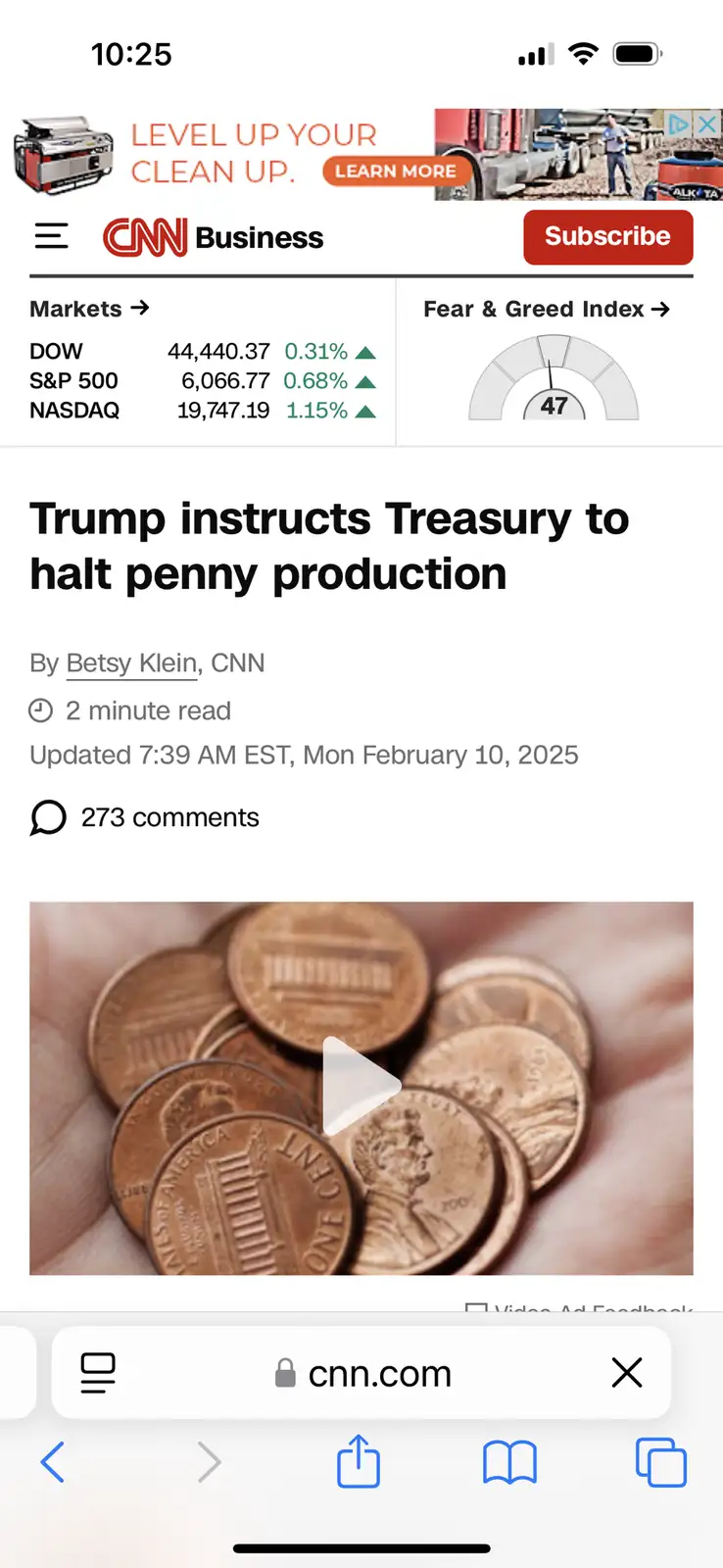 A screenshot of a CNN Business mobile article titled 'Trump instructs Treasury to halt penny production' shows a hand…