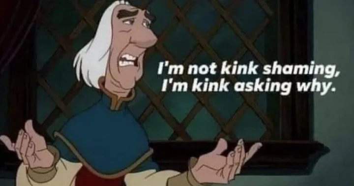 An animated character with white hair and a blue tunic, hands raised in a questioning gesture, stands before a lattice…
