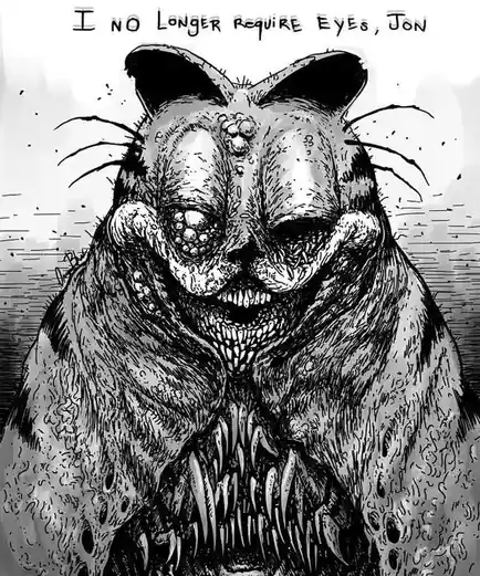 A black-and-white, highly detailed drawing of a grotesque, monstrous cat-like creature with a decaying, fleshy face, exposed…