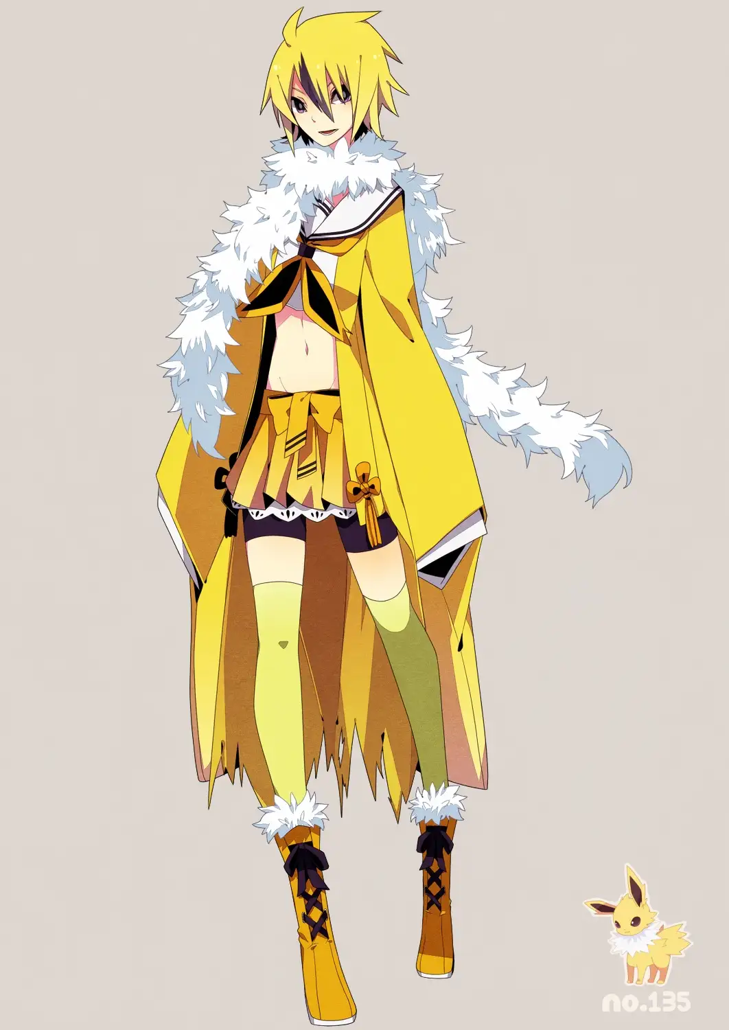 An anime-style character with spiky yellow hair and a large white-furred yellow coat stands full-body against a plain…