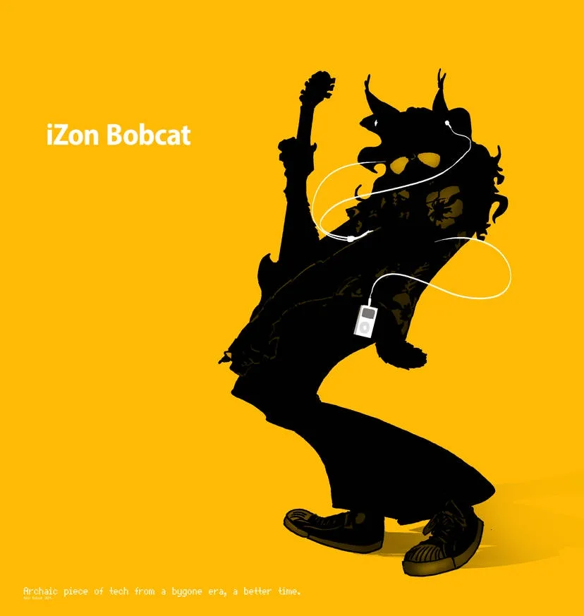 A black silhouette of a person with devil horns and sunglasses, dancing while holding a guitar and wearing white earbuds…
