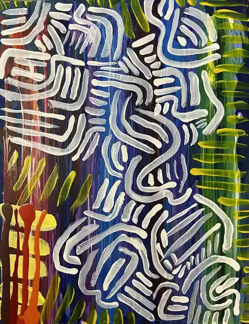 An abstract painting features thick, white, squiggly brushstrokes over a background of vertical stripes in blue, purple…