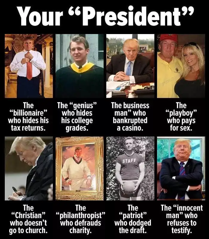 A meme titled 'Your "President"' displays eight photos of Donald Trump, each paired with a caption that sarcastically labels…
