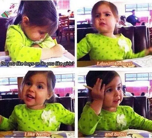 A four-panel meme featuring a young girl in a green polka-dot shirt at a restaurant. The panels show her initially looking…
