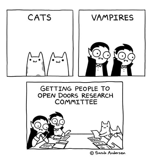 A three-panel comic shows two cats in the first panel, two vampires in the second, and in the third, the vampires are seated…