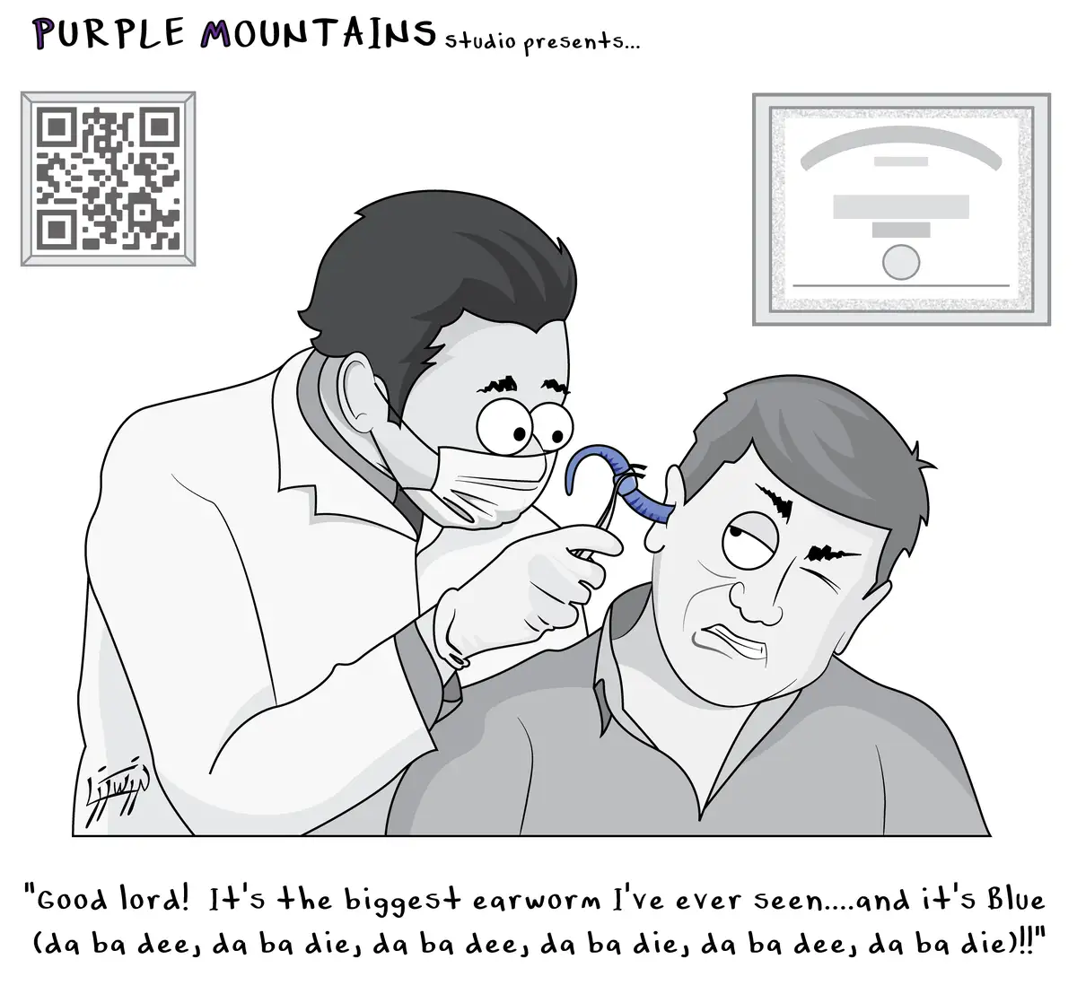 A cartoon doctor in a white coat and face mask uses a tool to extract a large, blue worm from a patient's ear. The patient…