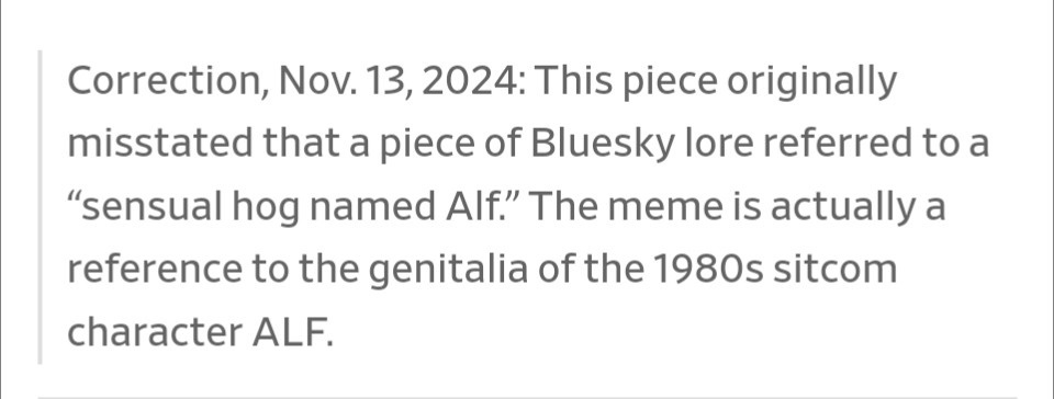 A text-based correction notice from November 13, 2024, clarifies that a previous misstatement about Bluesky lore incorrectly…