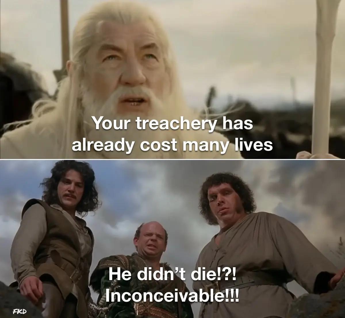 The top panel shows Gandalf the White from 'The Lord of the Rings' with white hair and beard, looking sternly forward while…