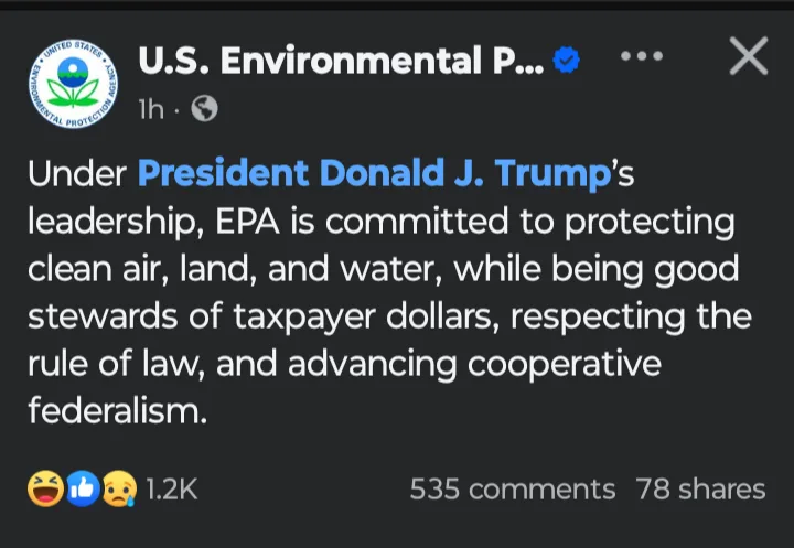 A screenshot of a U.S. Environmental Protection Agency social media post, which claims under Trump's leadership the EPA is…
