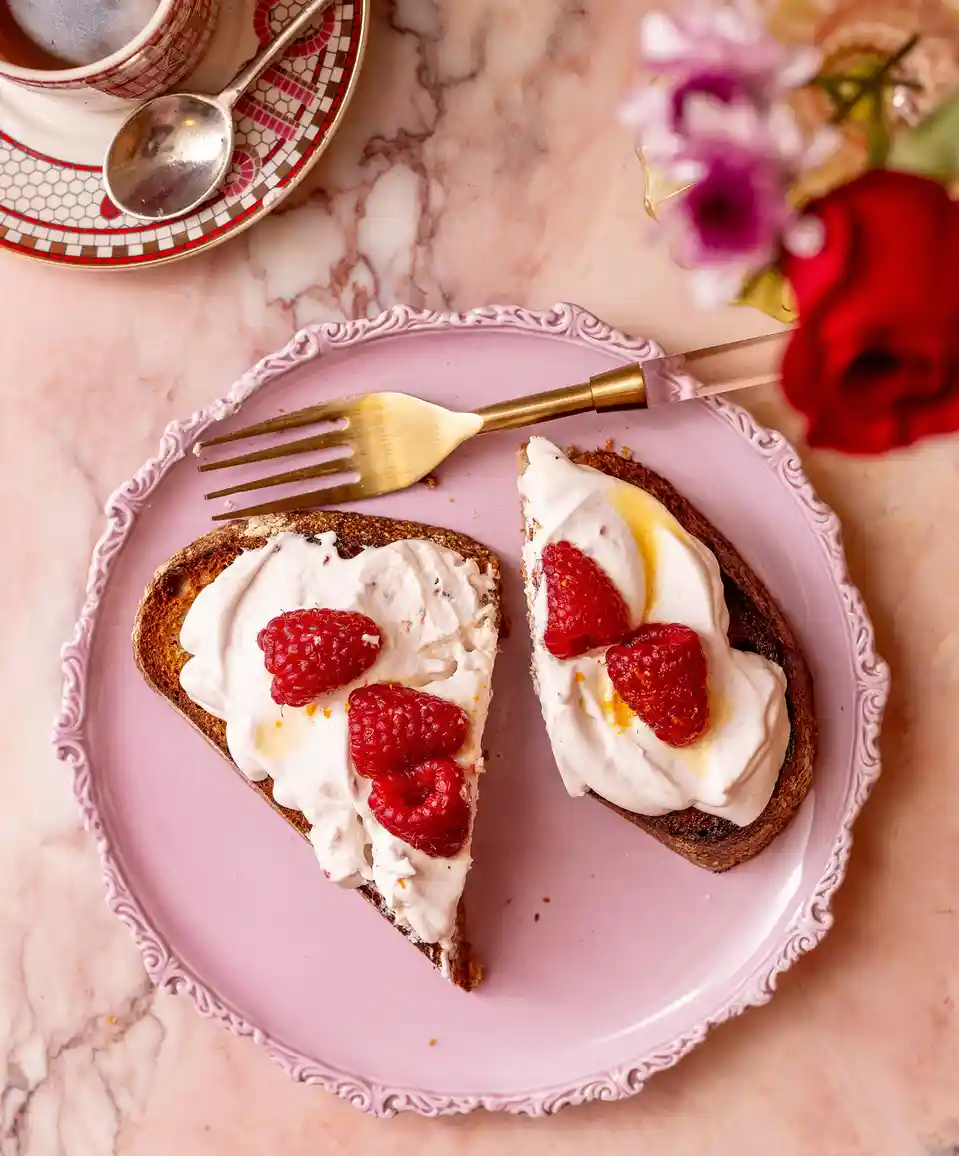 An overhead shot shows two slices of toast arranged to form a heart shape on a pink plate, topped with whipped cream and…