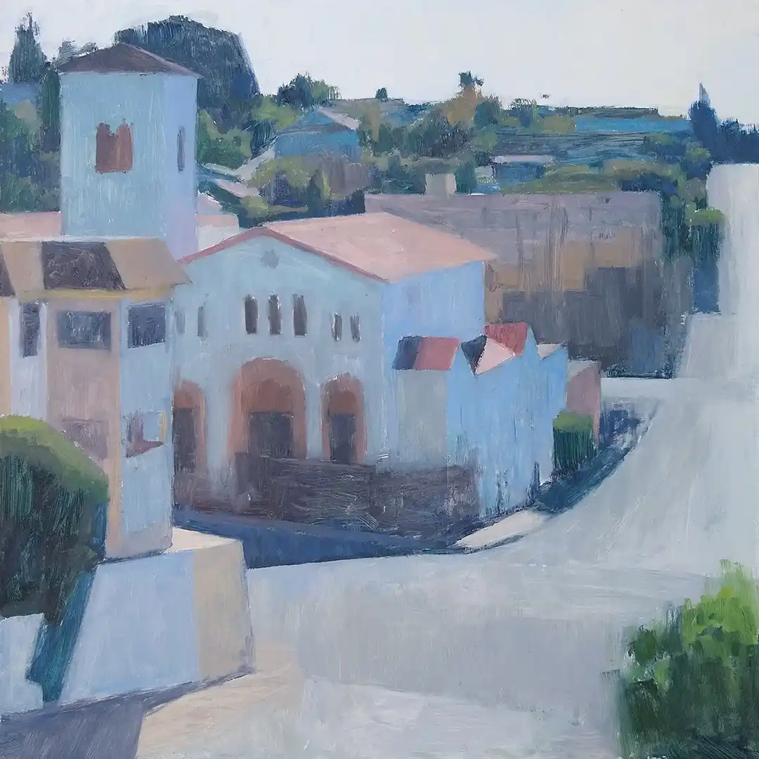 A painting of a Mediterranean-style village with blue and white buildings, arched doorways, and greenery, overlaid with the…