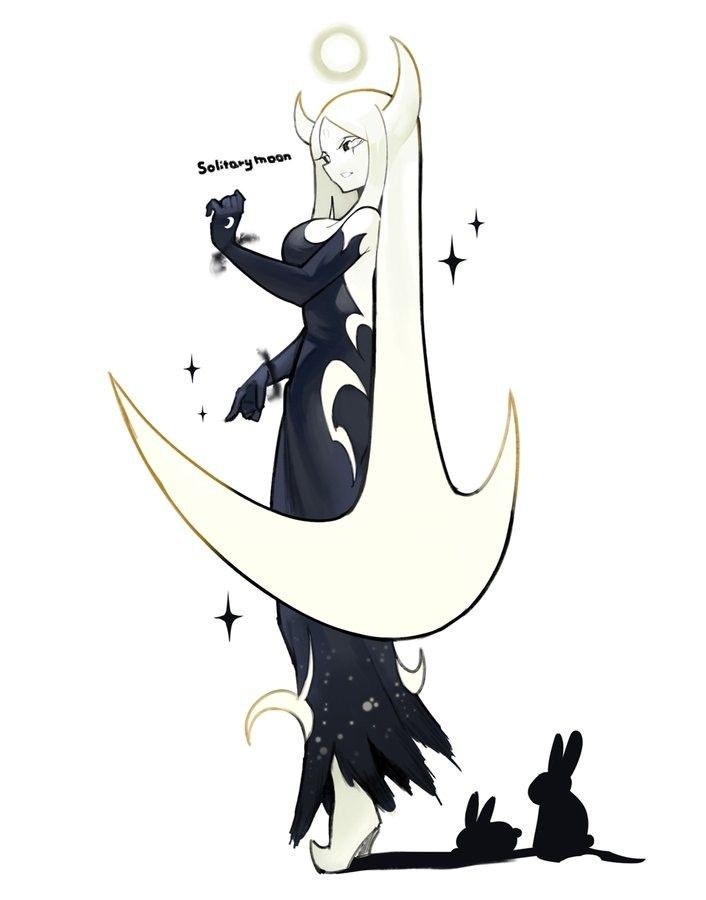 An anime-style illustration of a female character with long white hair, horns, and a crescent moon body, wearing a dark…
