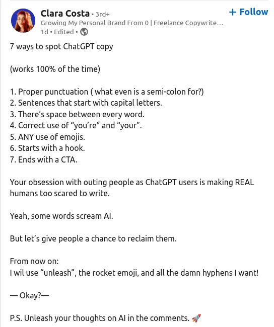 A screenshot of a social media post listing seven ways to spot ChatGPT-generated text, followed by a humorous rebuttal about…