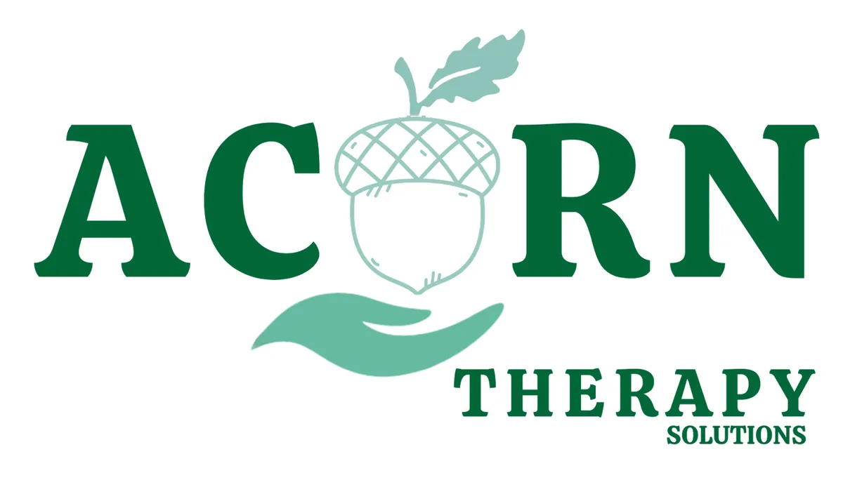 A logo for 'Acorn Therapy Solutions' featuring the word 'ACORN' in green, with the letter 'O' replaced by a light teal acorn…