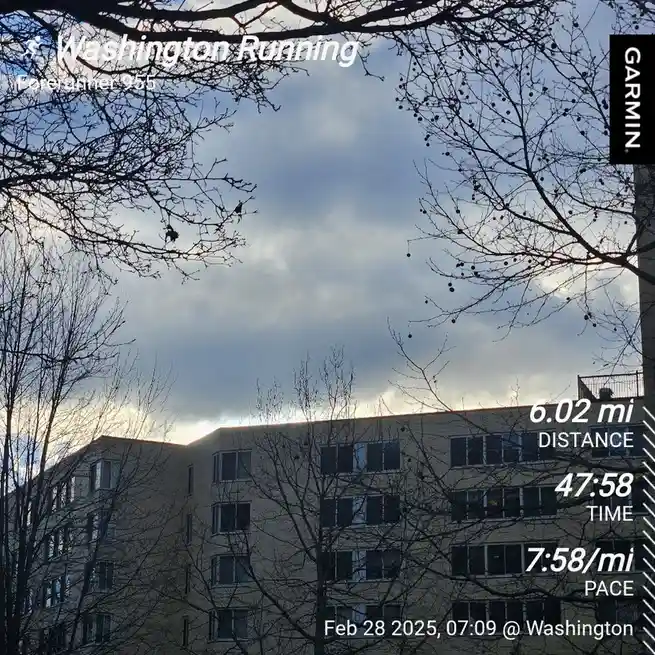 A screenshot from a Garmin Forerunner 955 fitness tracker shows a running session in Washington, with stats of 6.02 miles…