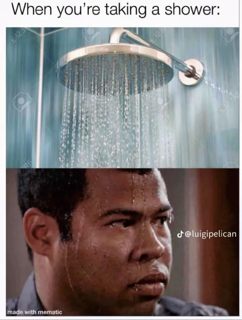 The top panel shows a close-up of a showerhead with water streaming down. The bottom panel shows a man with water dripping…