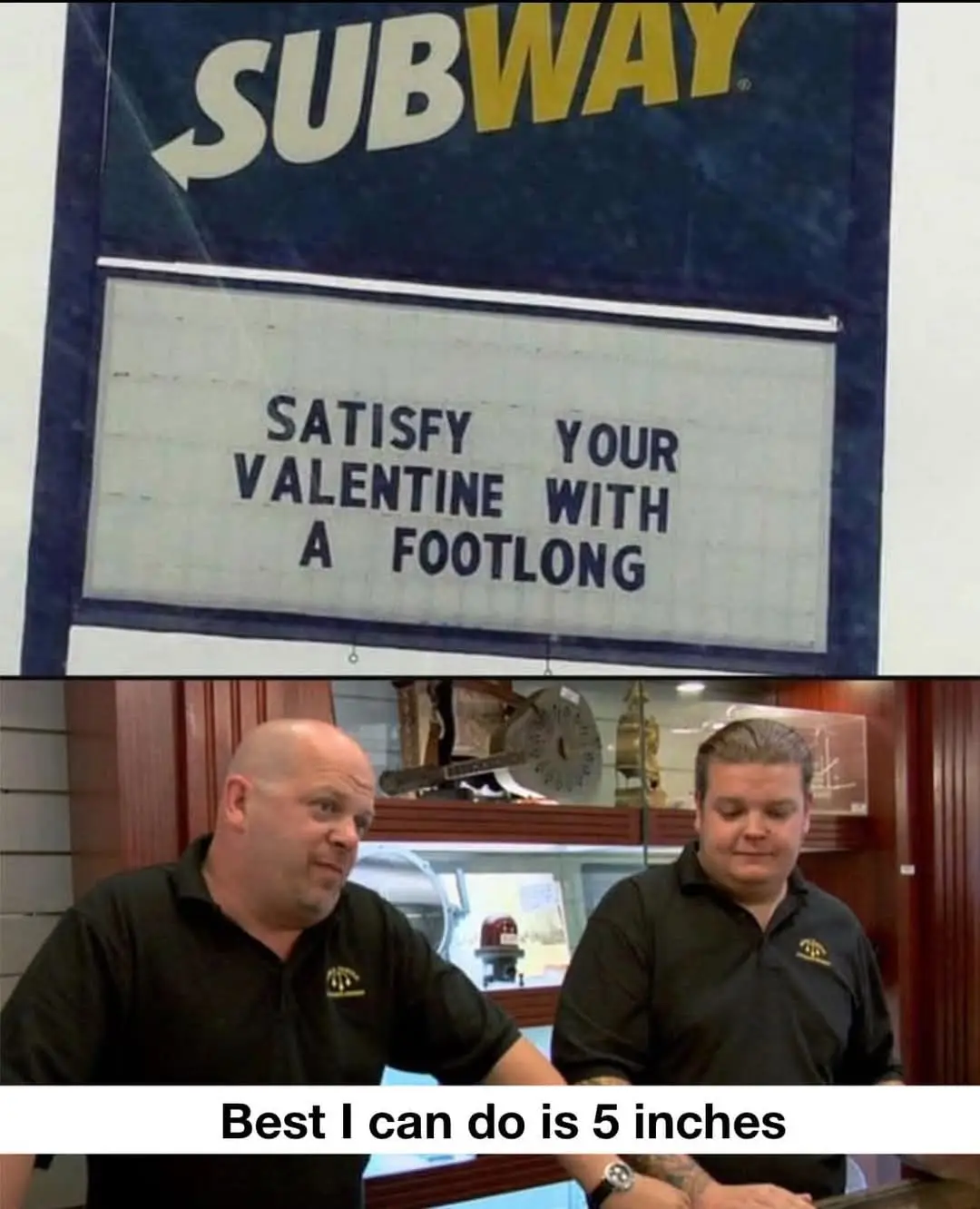 The top panel shows a Subway restaurant sign with a marquee reading 'SATISFY YOUR VALENTINE WITH A FOOTLONG'. The bottom…
