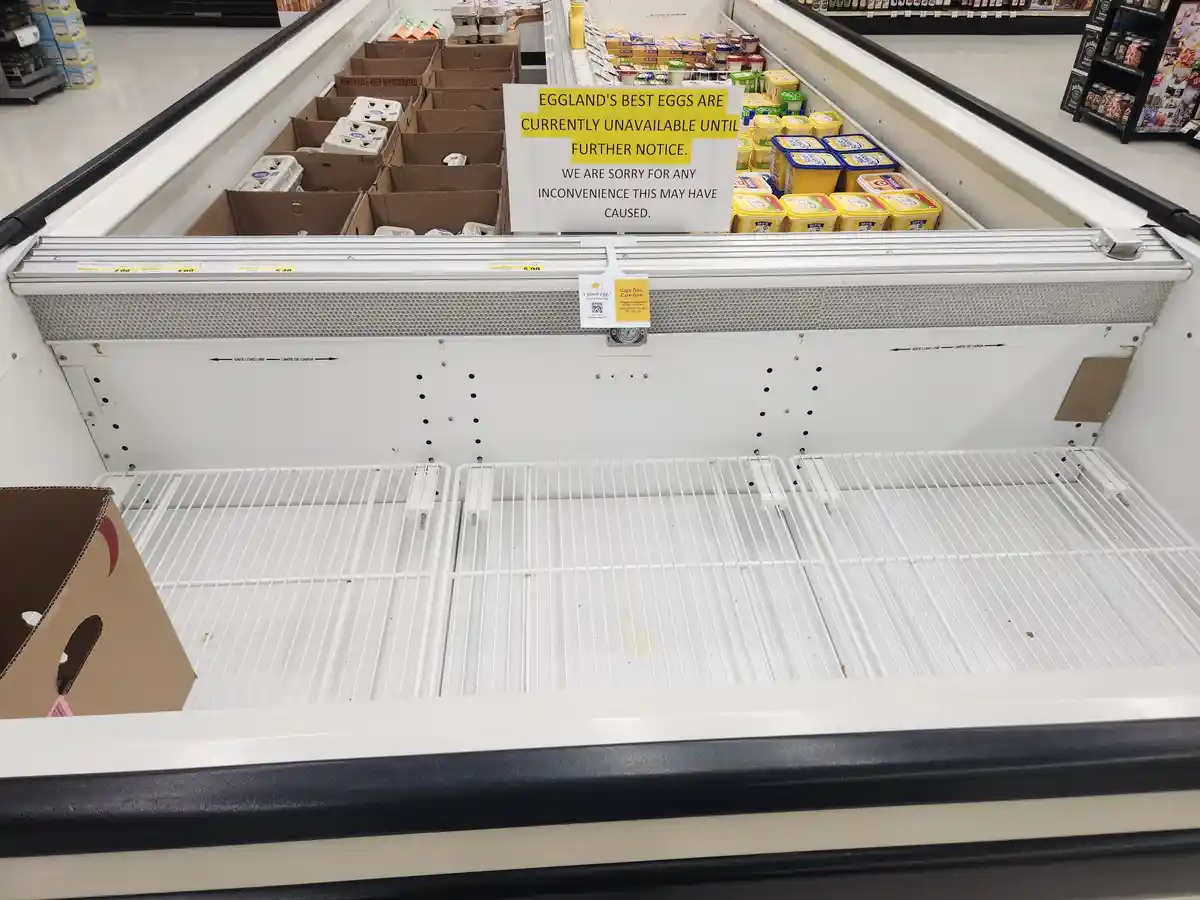 A photo of an empty refrigerated grocery store egg aisle with a sign stating 'EGGLAND'S BEST EGGS ARE CURRENTLY UNAVAILABLE…