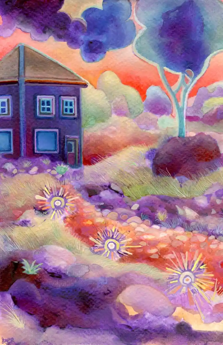 A watercolor painting depicts a house with a purple exterior and blue windows, set in a surreal landscape with purple and…