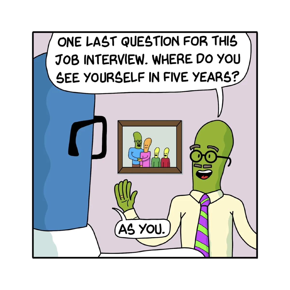 A cartoon green-skinned man in a shirt and striped tie sits at a desk, smiling and waving while answering a job interview…