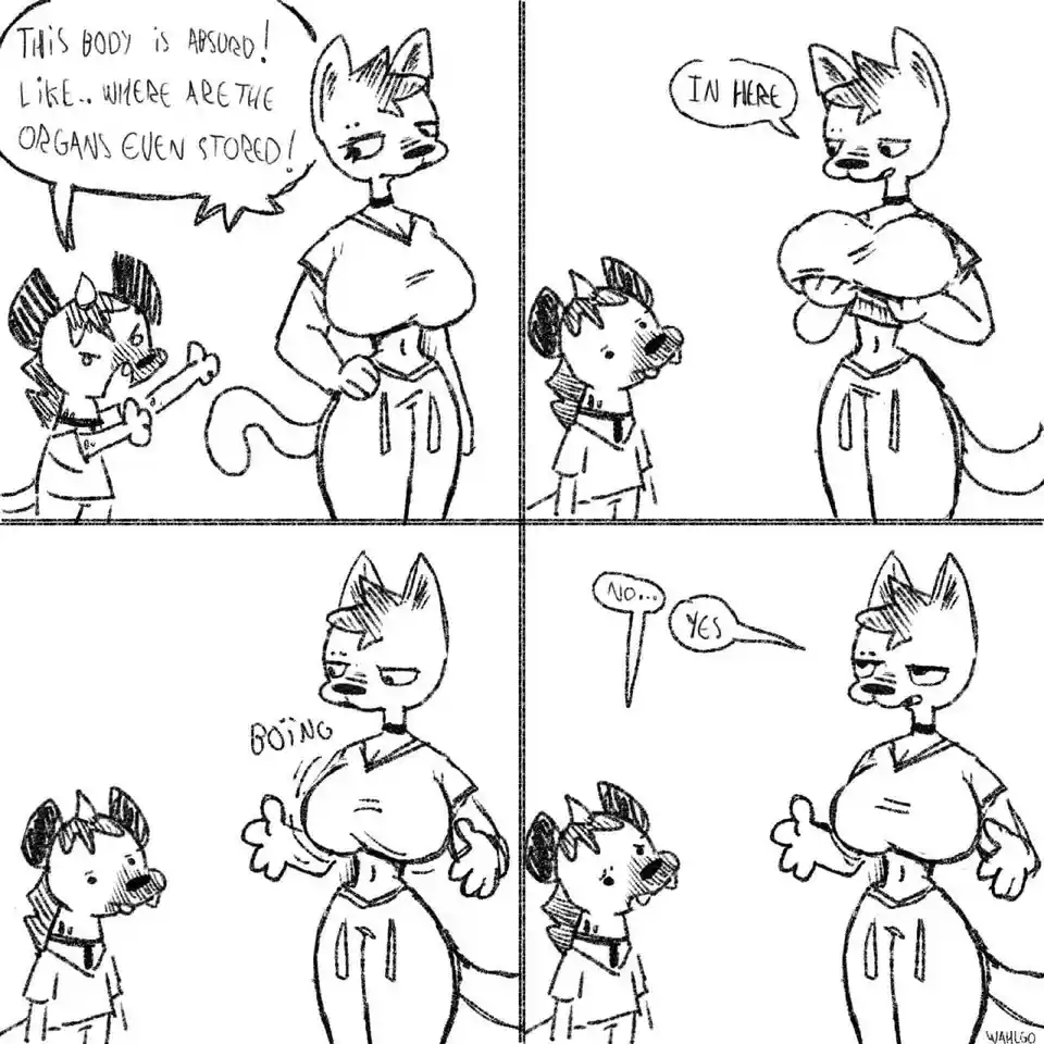 A four-panel black-and-white comic strip featuring two anthropomorphic cat characters. In the first panel, a smaller cat…