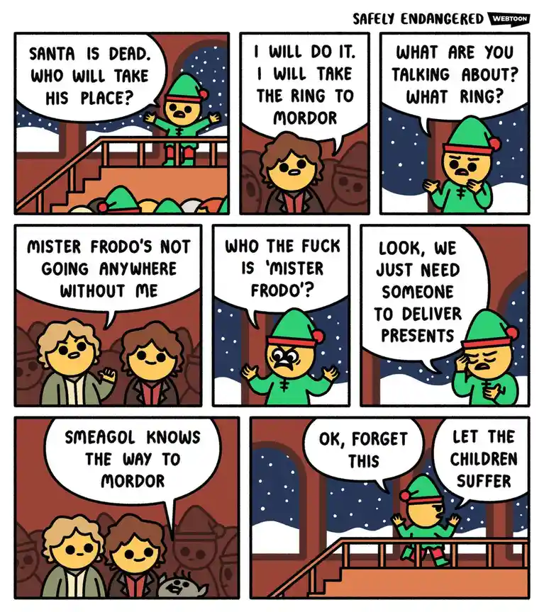 A six-panel comic strip from 'Safely Endangered' shows a confused elf trying to recruit Frodo Baggins to deliver presents…