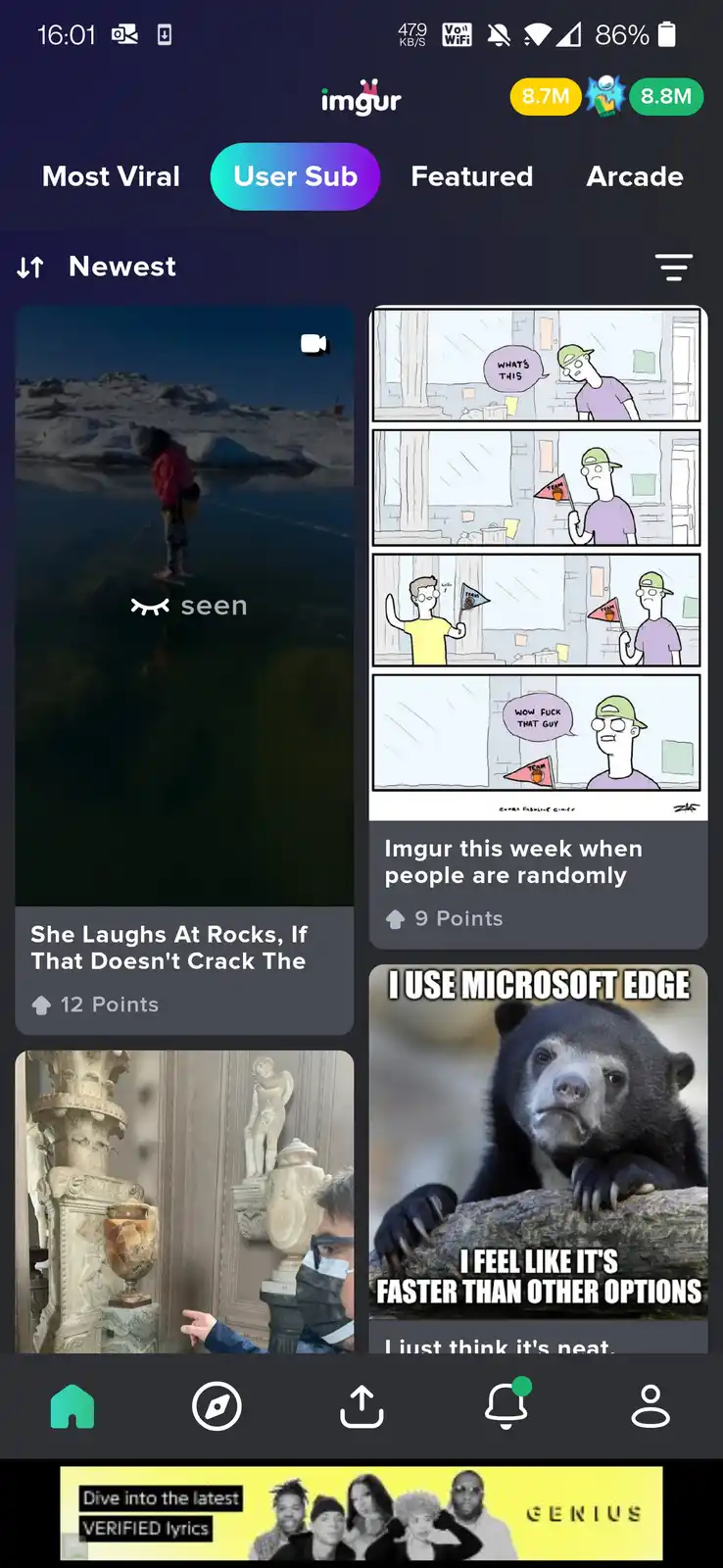 The image displays a screenshot of the Imgur app interface showing various user-uploaded memes. One prominent meme features…