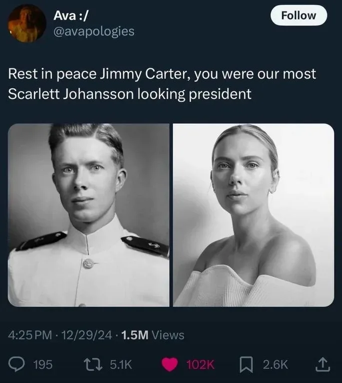 A side-by-side black and white image shows a young Jimmy Carter in a military uniform on the left and a portrait of Scarlett…