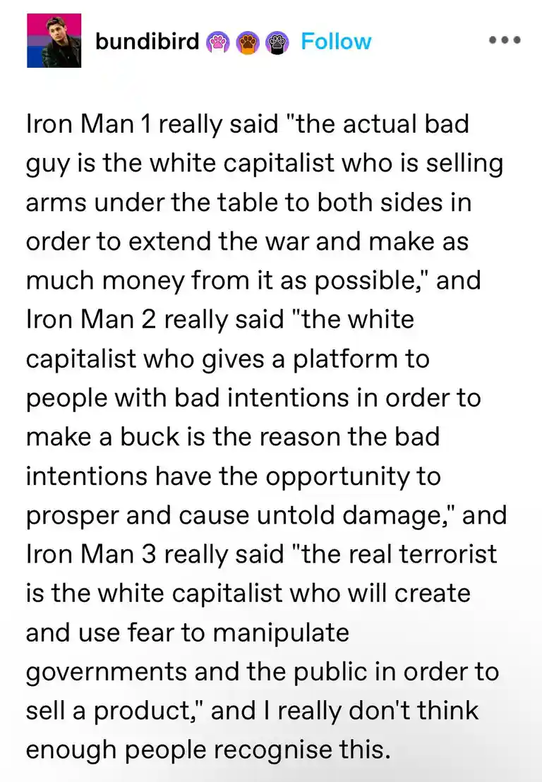 A screenshot of an Instagram post by 'bundibird' featuring a block of text that humorously attributes increasingly radical…