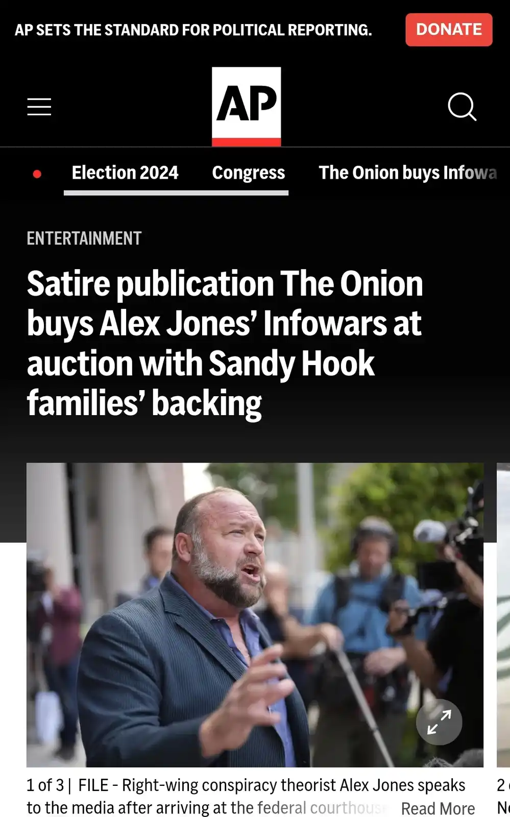 The image displays a mock news article from the Associated Press (AP) website, featuring a headline that reads 'Satire…