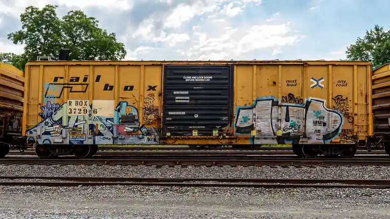 A yellow freight train car covered in graffiti sits on railway tracks under a partly cloudy sky. The car has a black door…