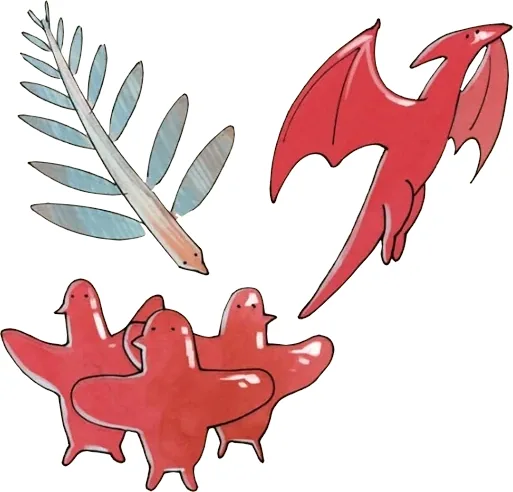 The image displays three cartoonish red birds with simple facial features and wing-like appendages, arranged in a group…