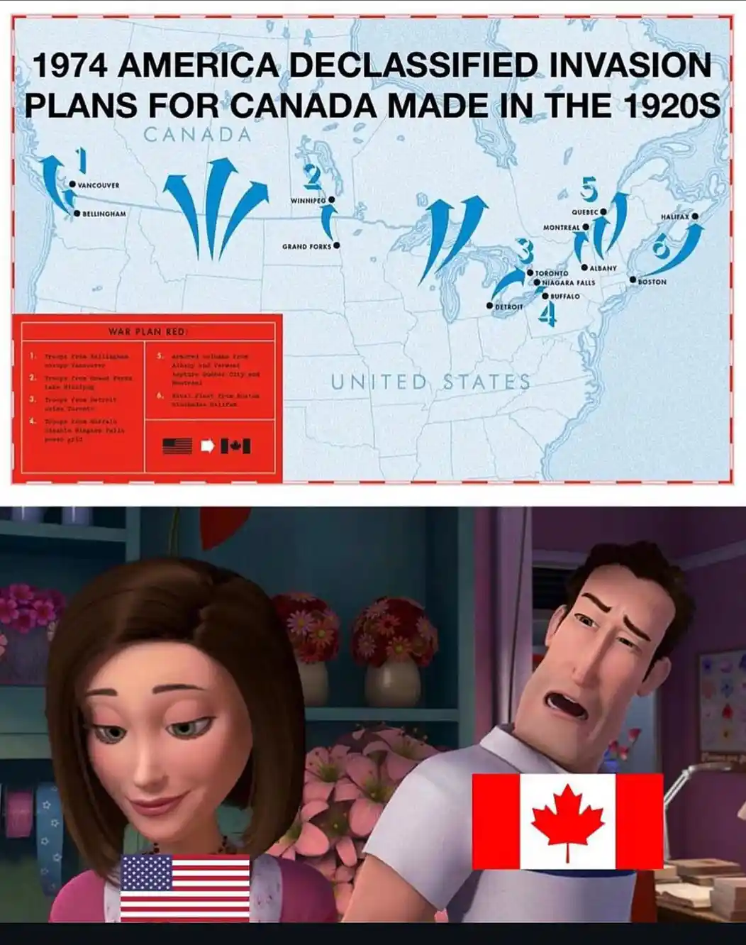 The image displays a top half with a map of North America showing 'War Plan Red' invasion routes from the U.S. to Canada…