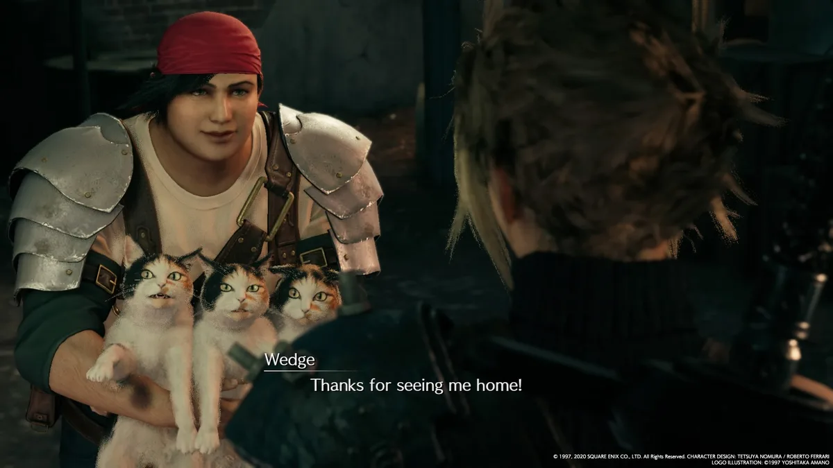 A video game character named Wedge, wearing armor and a red bandana, holds three cats in her arms while facing another…
