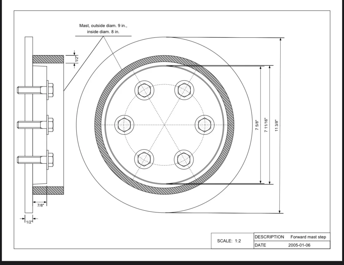 A technical engineering drawing of a ship's forward mast step, showing bolt patterns and dimensions in inches, with text…
